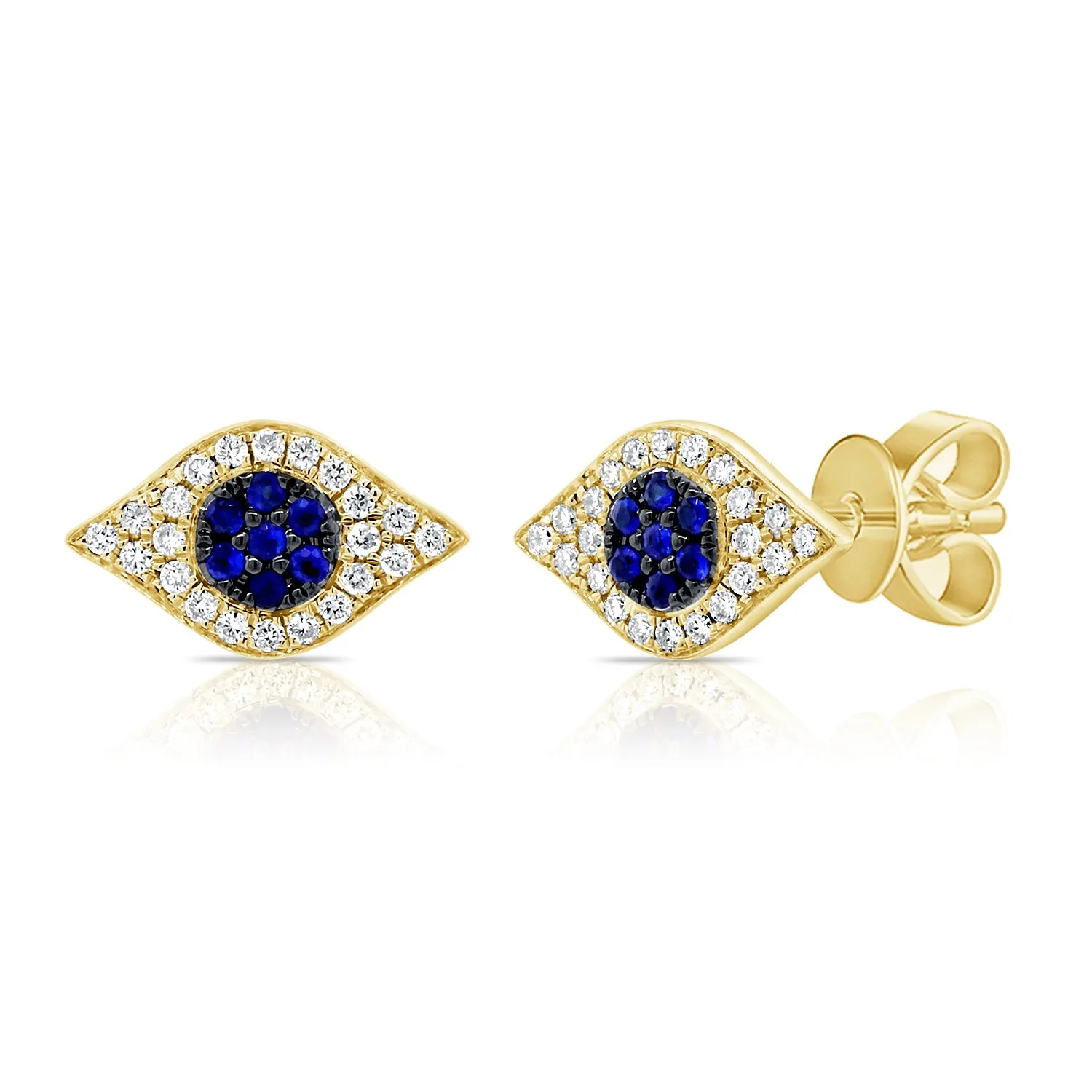 14K Yellow Gold Diamond   Blue Sapphire Evil Eye Earrings