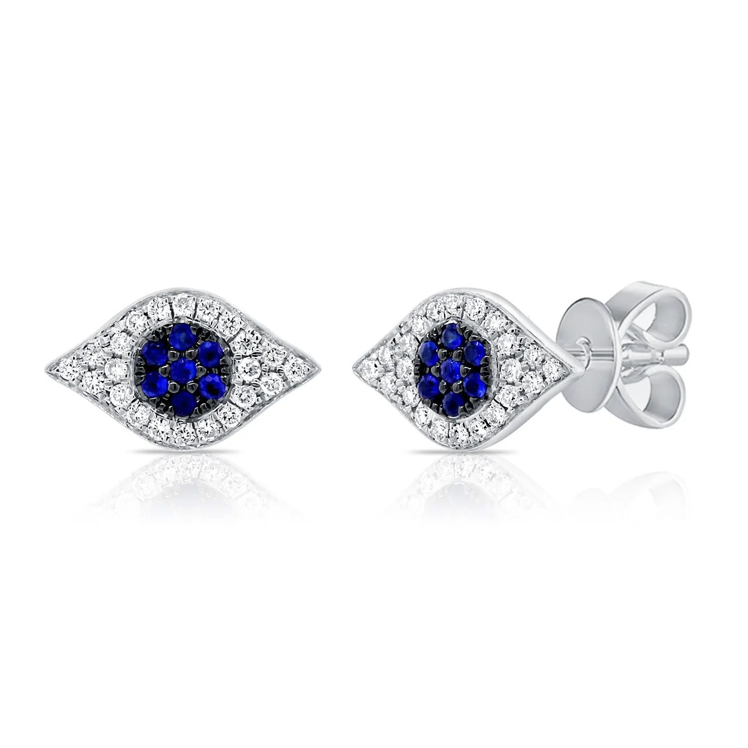 14K Yellow Gold Diamond   Blue Sapphire Evil Eye Earrings