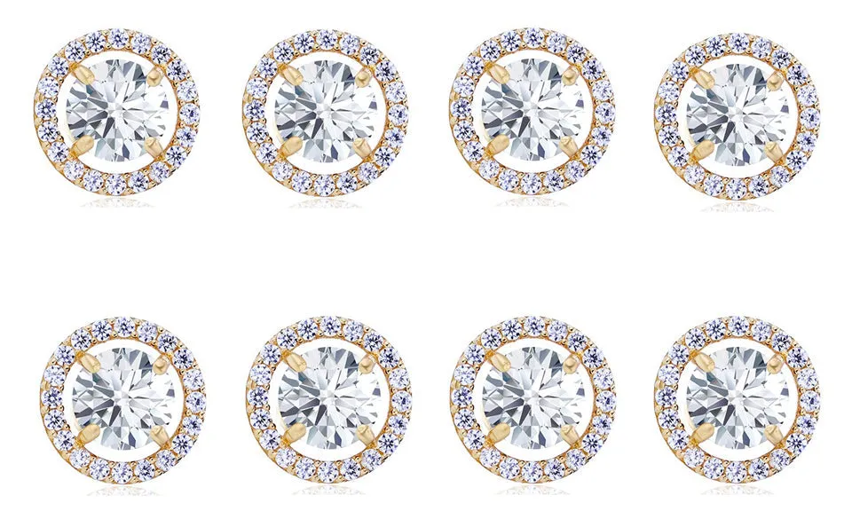 18k Yellow Gold Plated 3Ct Round White Sapphire Set Of Four Halo Stud Earrings