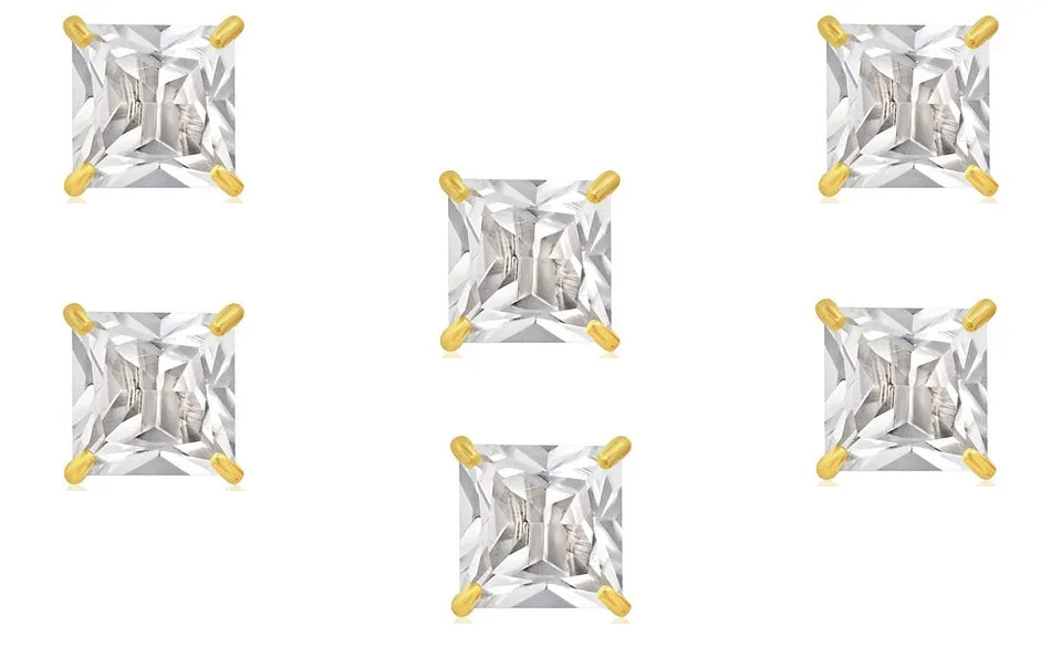 18k Yellow Gold Plated 3Ct Square Cut White Sapphire Set Of Three Stud Earrings