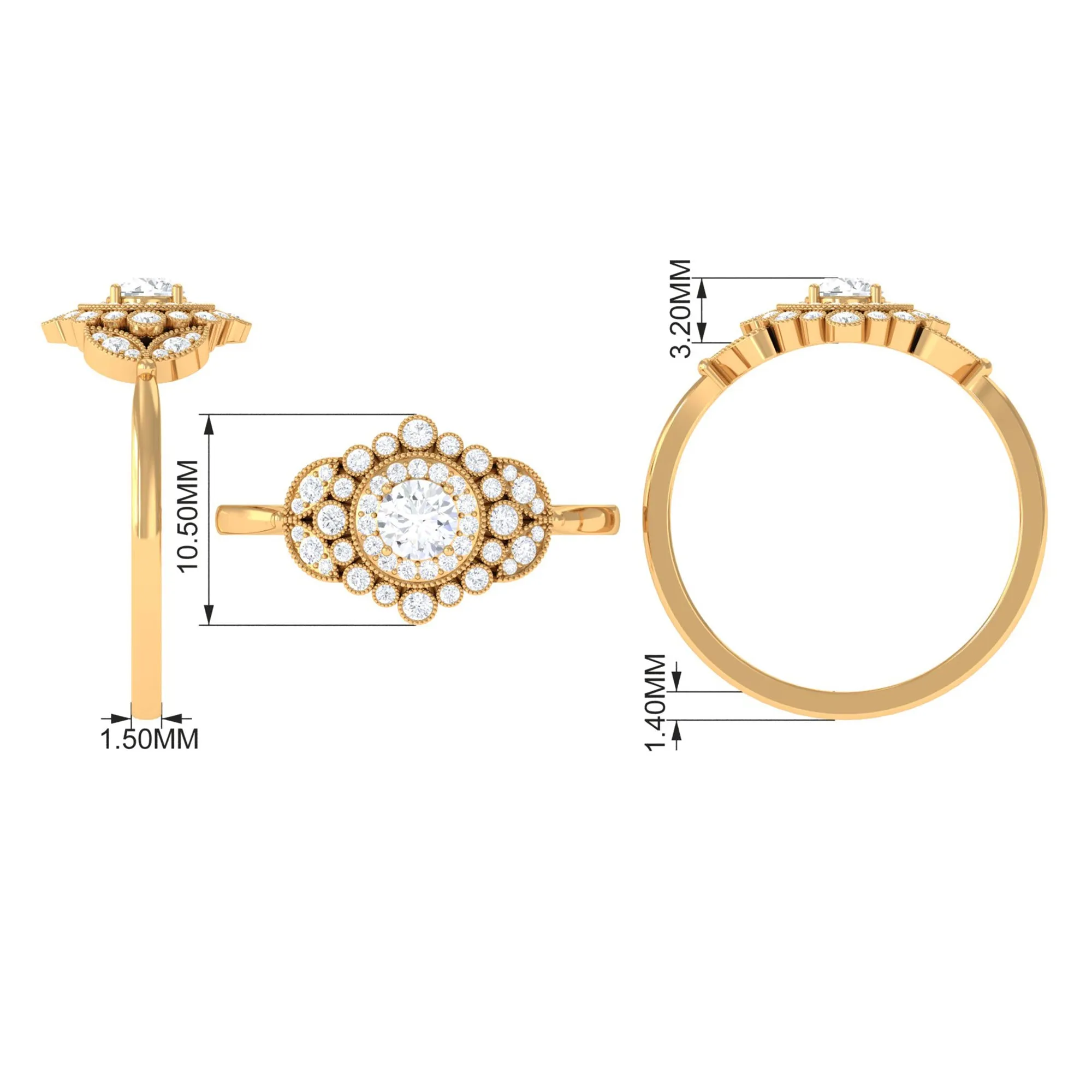 3/4 CT Vintage Style Zircon Engagement Ring with Milgrain Gold