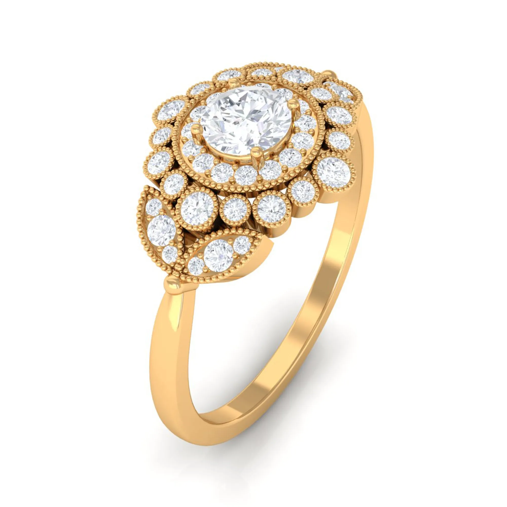 3/4 CT Vintage Style Zircon Engagement Ring with Milgrain Gold