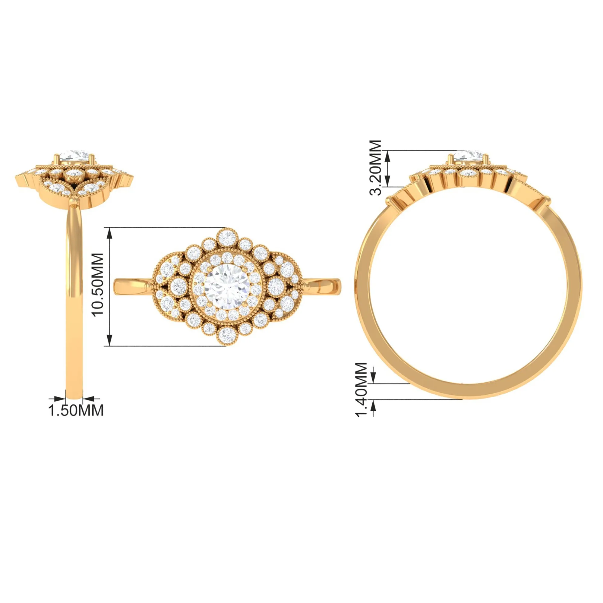 3/4 CT Vintage Style Zircon Engagement Ring with Milgrain Gold