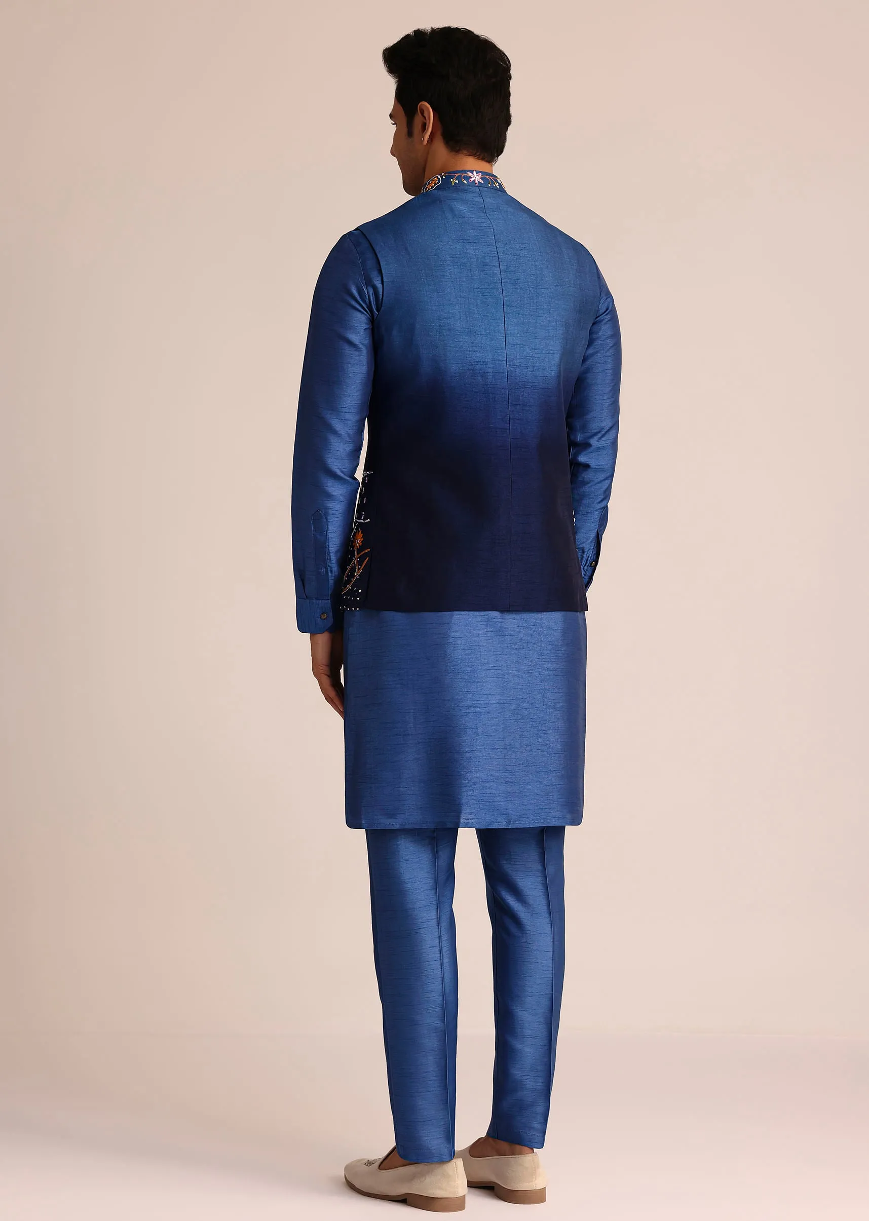 Blue Ombre Silk Jacket Set With Artistic Detailing