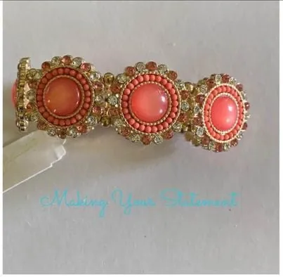 Coral Bead and Rhinestone Bracelet