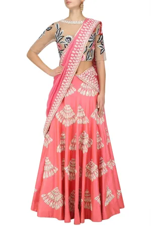 Coral Color Lehenga Choli with Nude Blouse