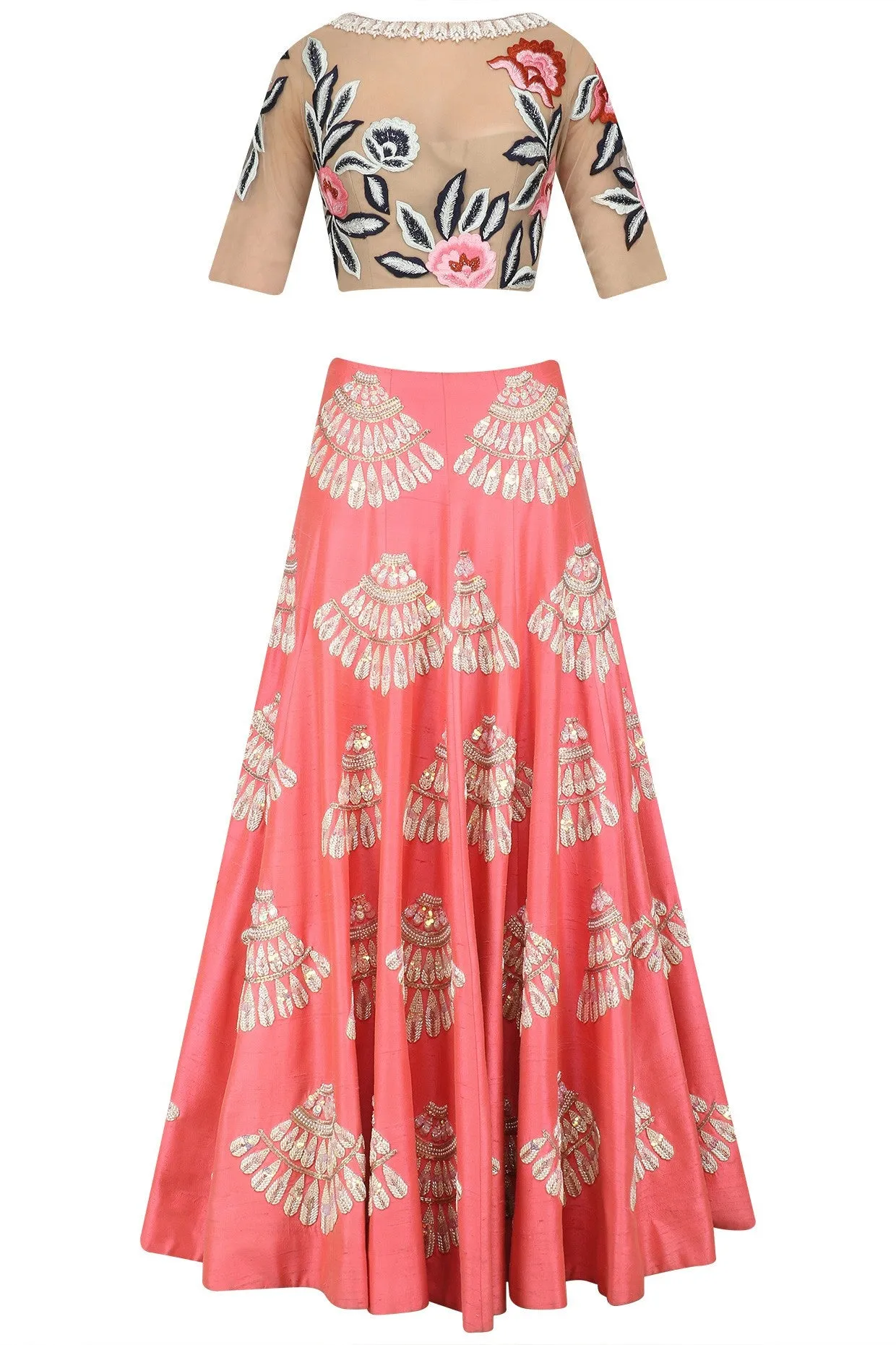 Coral Color Lehenga Choli with Nude Blouse