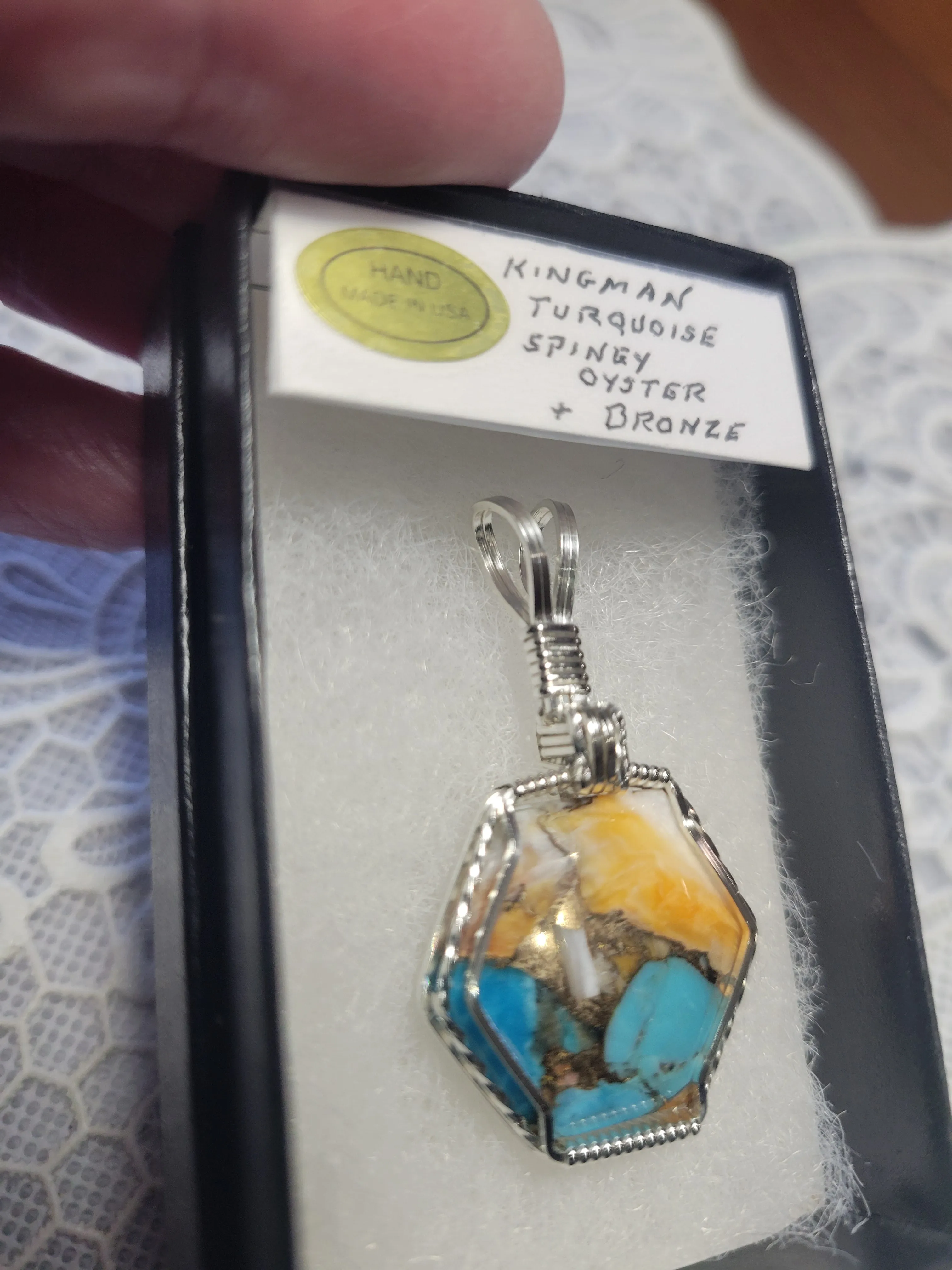 Custom Cut Polished Kingman Turquoise Spiney Oyster & Bronze Necklace/Pendant Sterling Silver