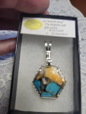 Custom Cut Polished Kingman Turquoise Spiney Oyster & Bronze Necklace/Pendant Sterling Silver