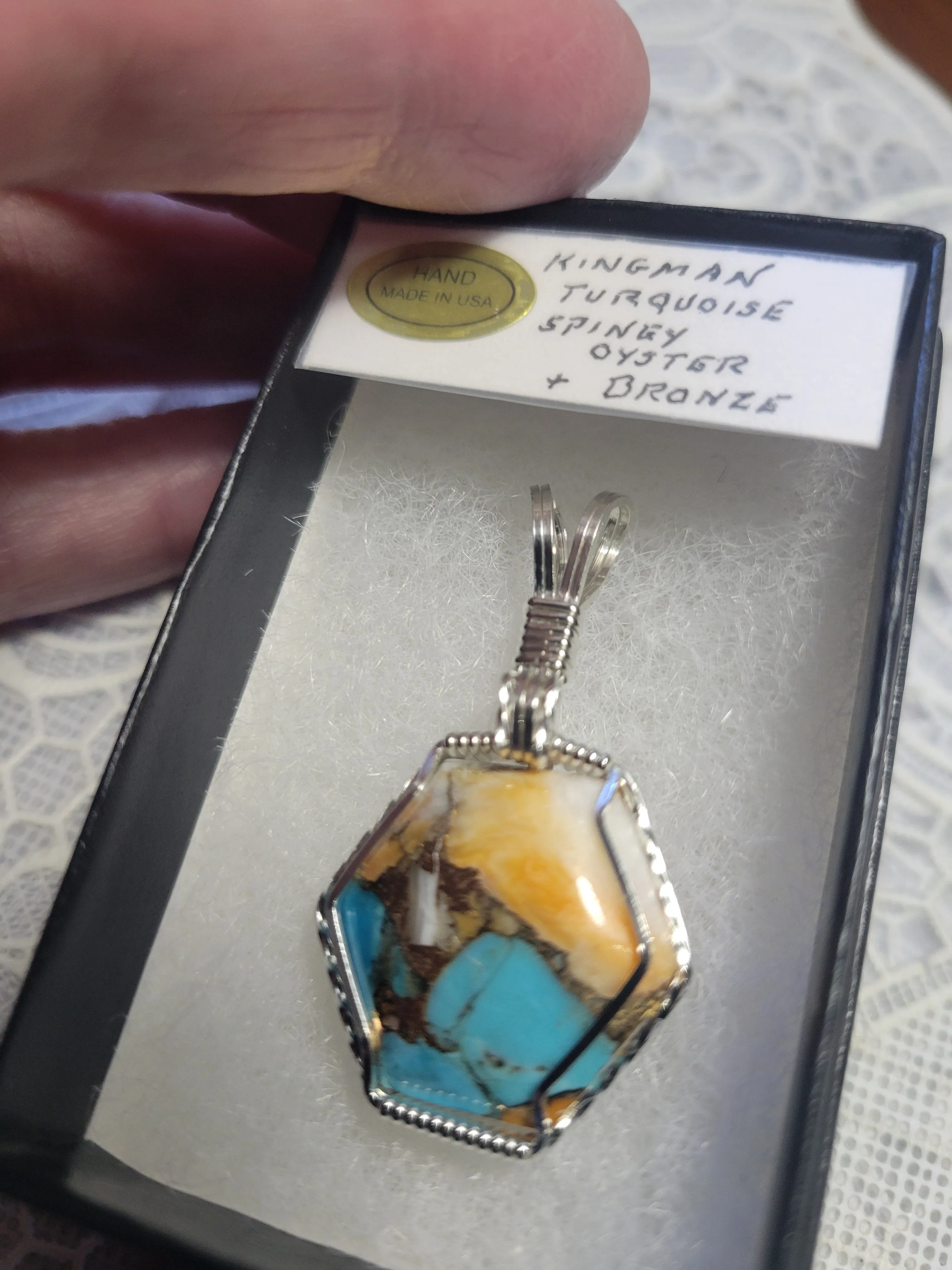 Custom Cut Polished Kingman Turquoise Spiney Oyster & Bronze Necklace/Pendant Sterling Silver
