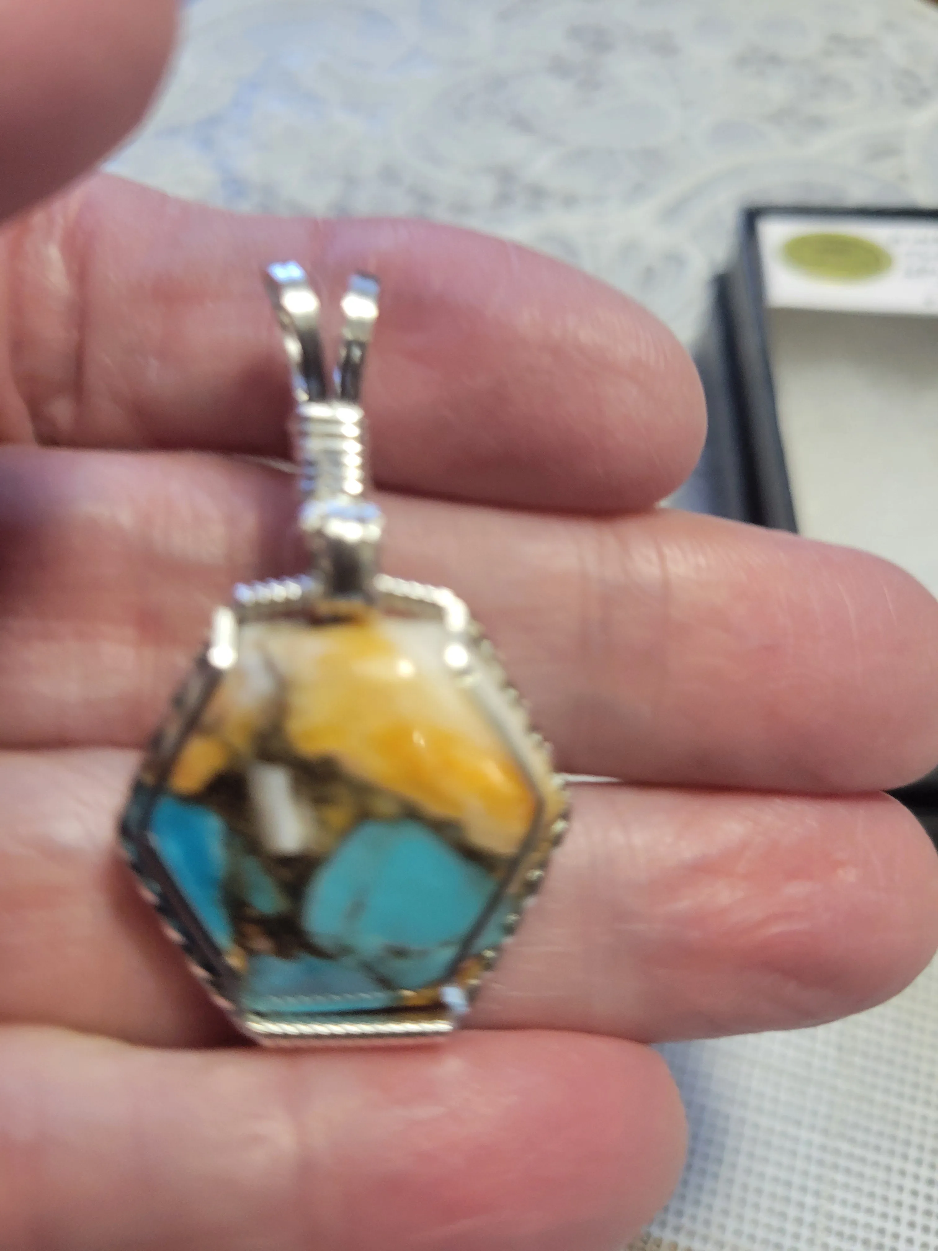 Custom Cut Polished Kingman Turquoise Spiney Oyster & Bronze Necklace/Pendant Sterling Silver