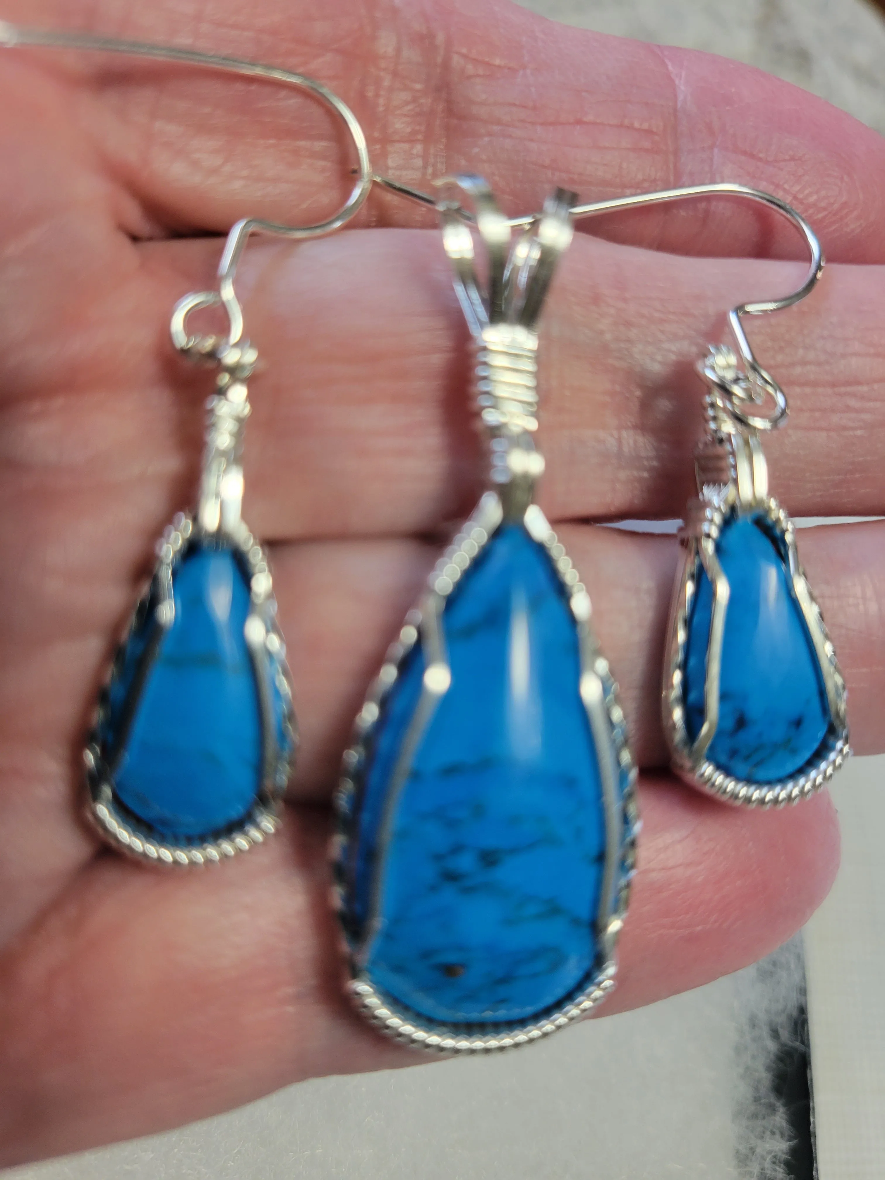 Custom Wire Wrapped Kingman Turquoise Set: Earrings. Necklace/Pendant Sterling Silver
