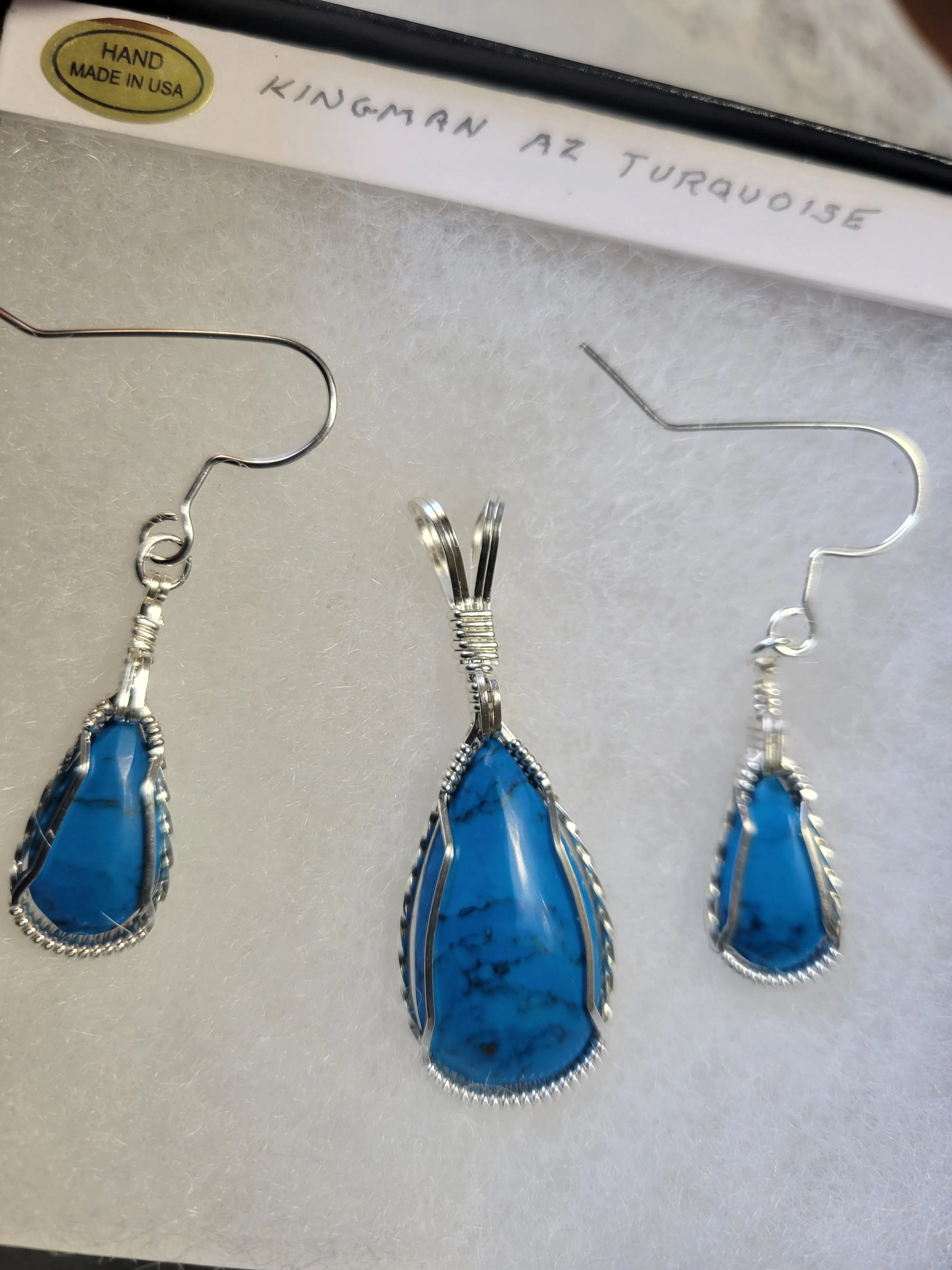 Custom Wire Wrapped Kingman Turquoise Set: Earrings. Necklace/Pendant Sterling Silver