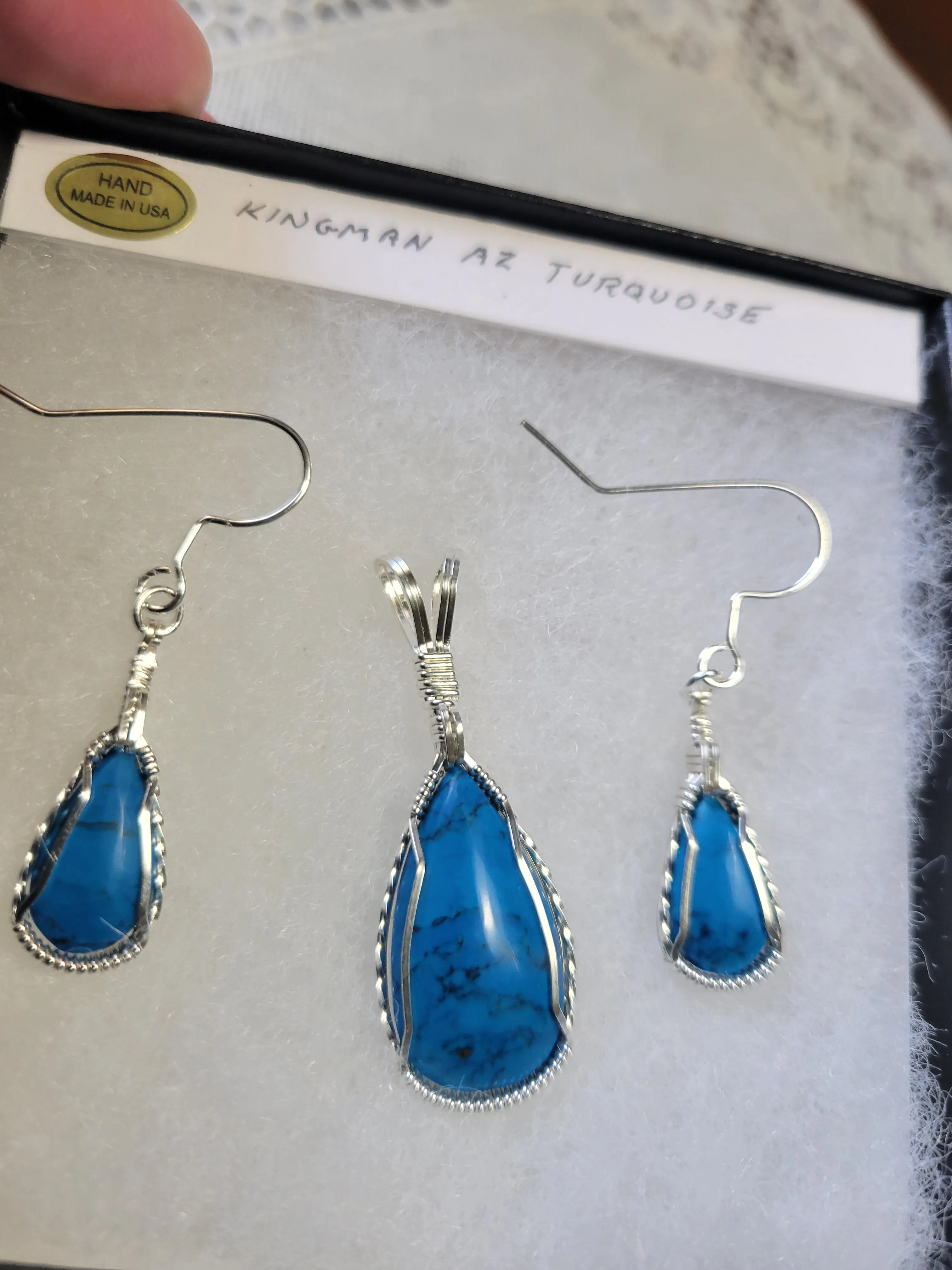 Custom Wire Wrapped Kingman Turquoise Set: Earrings. Necklace/Pendant Sterling Silver