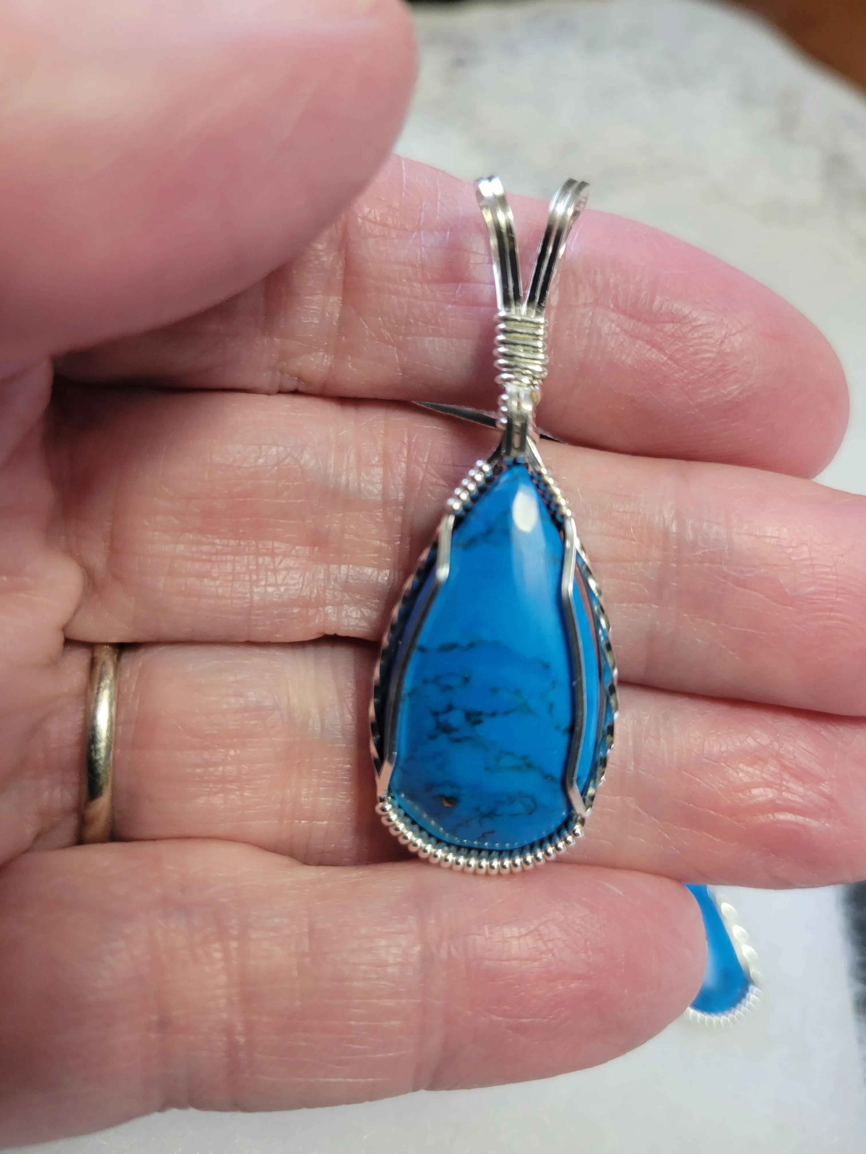 Custom Wire Wrapped Kingman Turquoise Set: Earrings. Necklace/Pendant Sterling Silver
