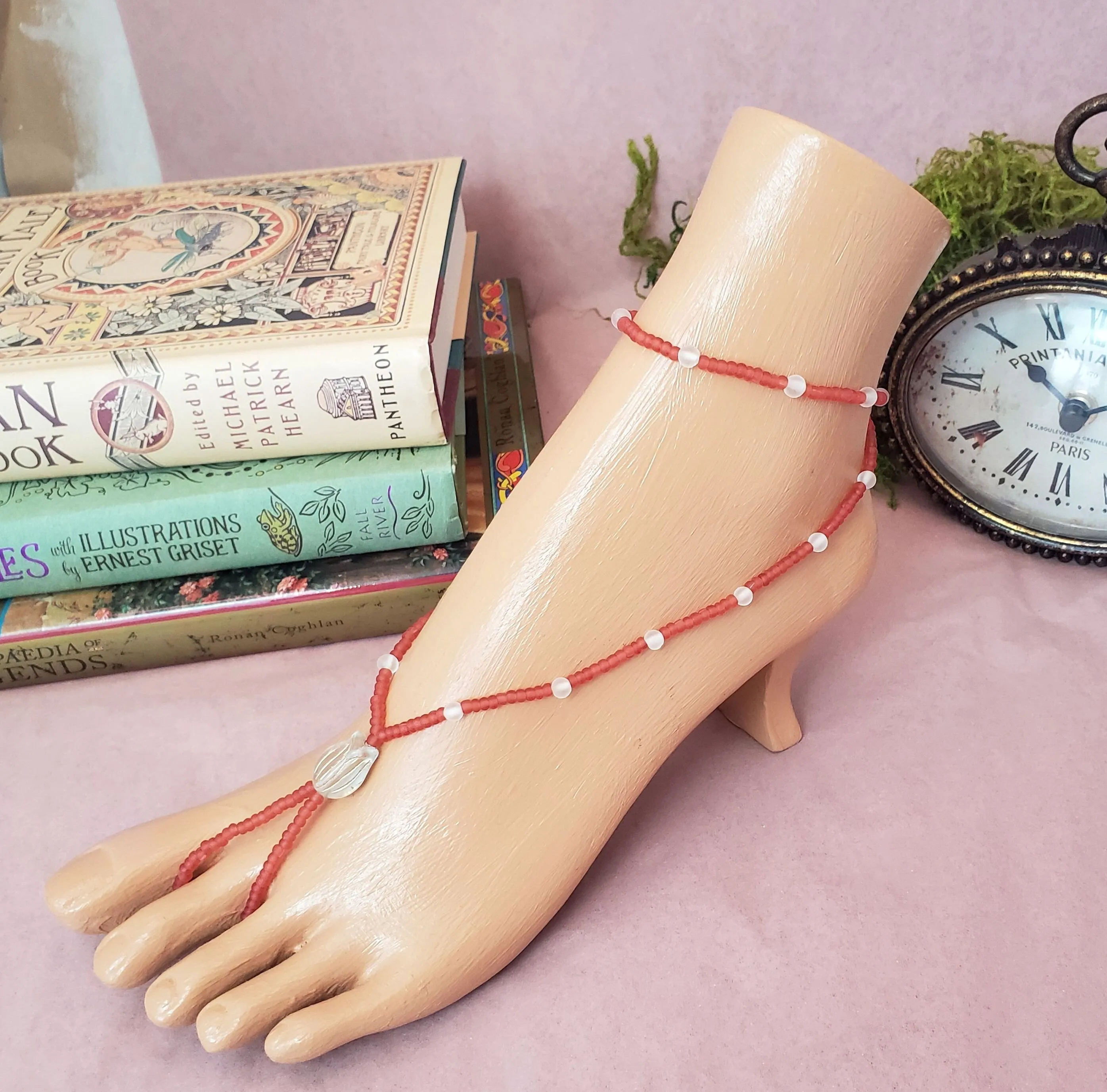 Elastic Beaded Barefoot Sandal or Hand Flower in Red   Clear, Boho, Bohemian, Wedding, Bridesmaid