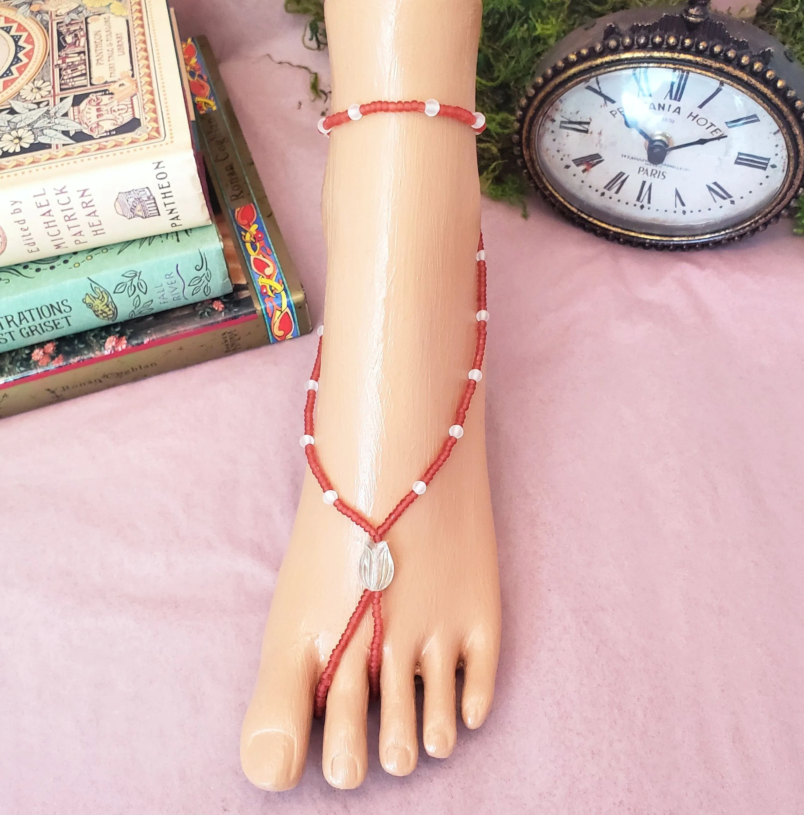 Elastic Beaded Barefoot Sandal or Hand Flower in Red   Clear, Boho, Bohemian, Wedding, Bridesmaid