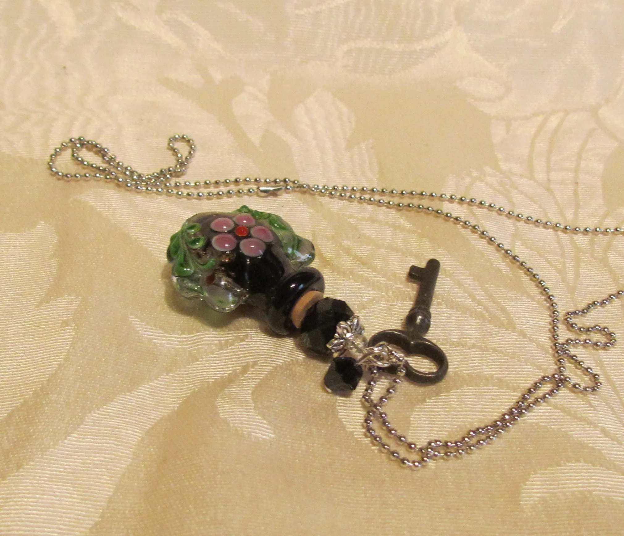 Key To Her Heart Perfume Bottle Necklace OOAK Handmade Silver Plate Blue Lampwork Pendant