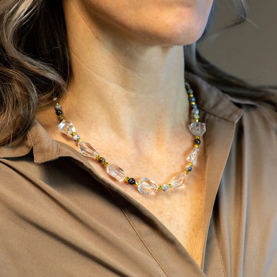 Limited Edition Crystal Quartz Nugget with Gemstones and Hematite Beads Necklace Kit -  Dendritic Black Opal and Gold