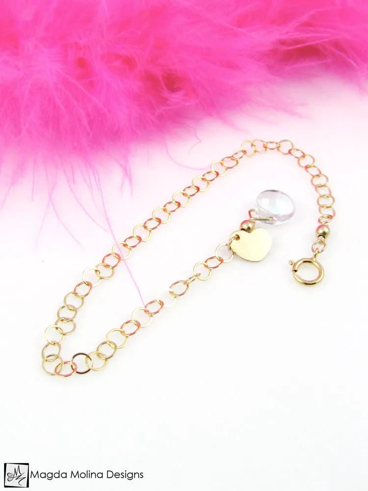 Mini Goddess (children) Chain Bracelet With Tiny Heart Charm & Quartz Drop