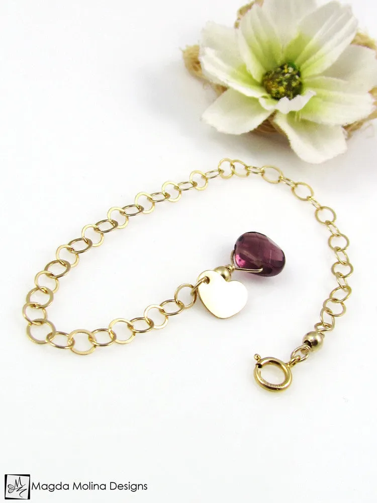 Mini Goddess (children) Chain Bracelet With Tiny Heart Charm & Quartz Drop