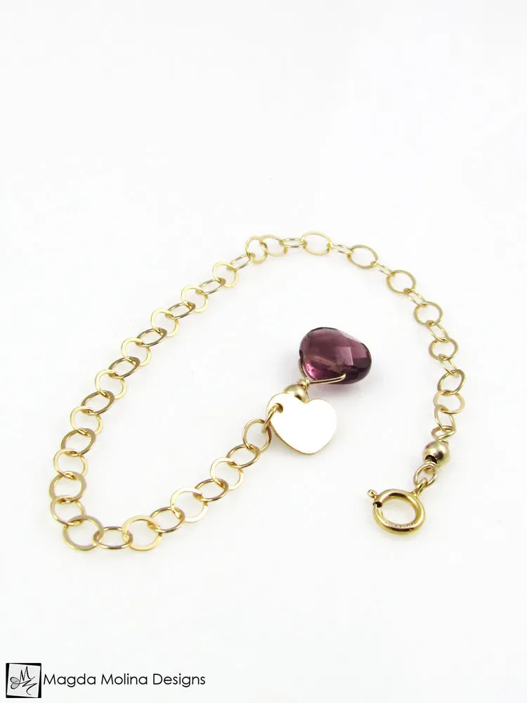 Mini Goddess (children) Chain Bracelet With Tiny Heart Charm & Quartz Drop