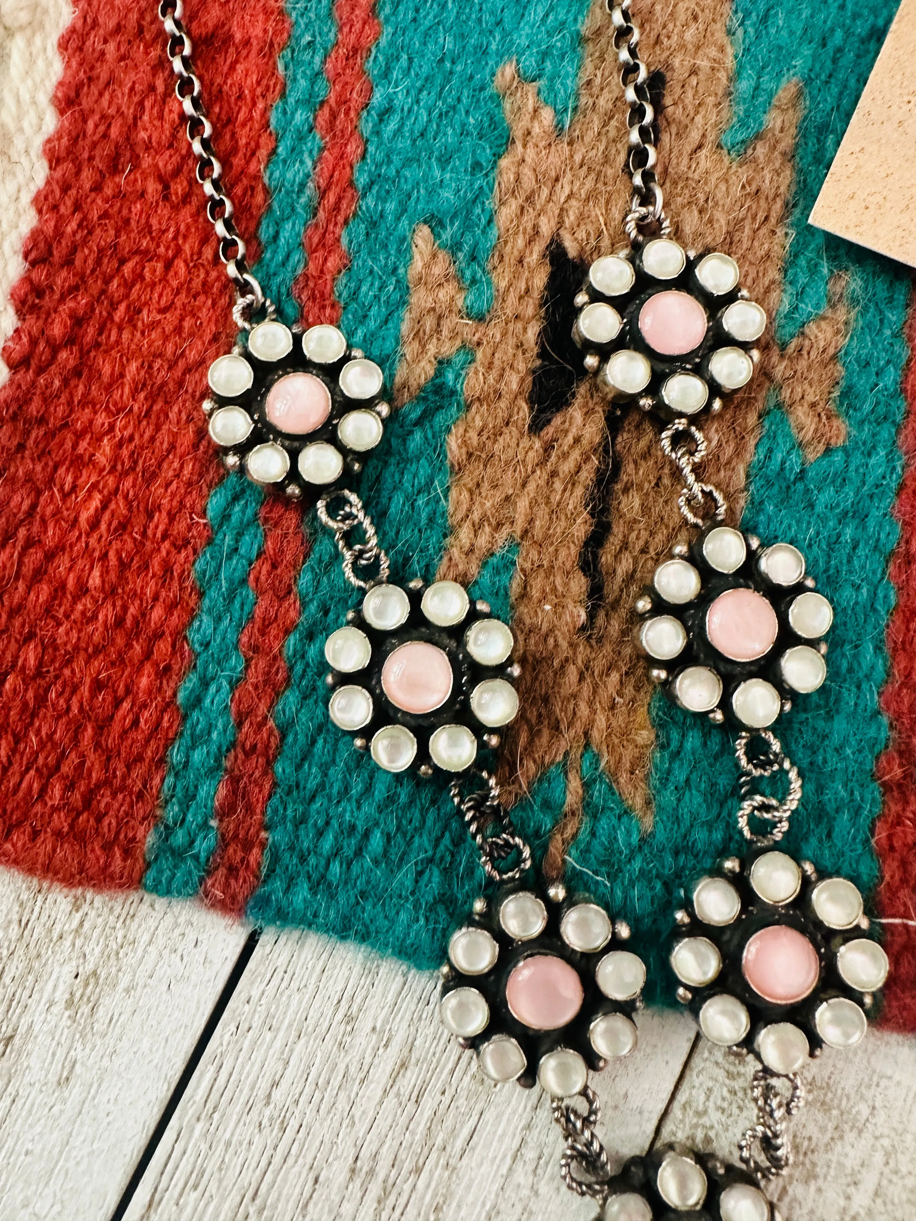 Navajo Sterling Silver & Mother of Pearl Lariat Necklace Set