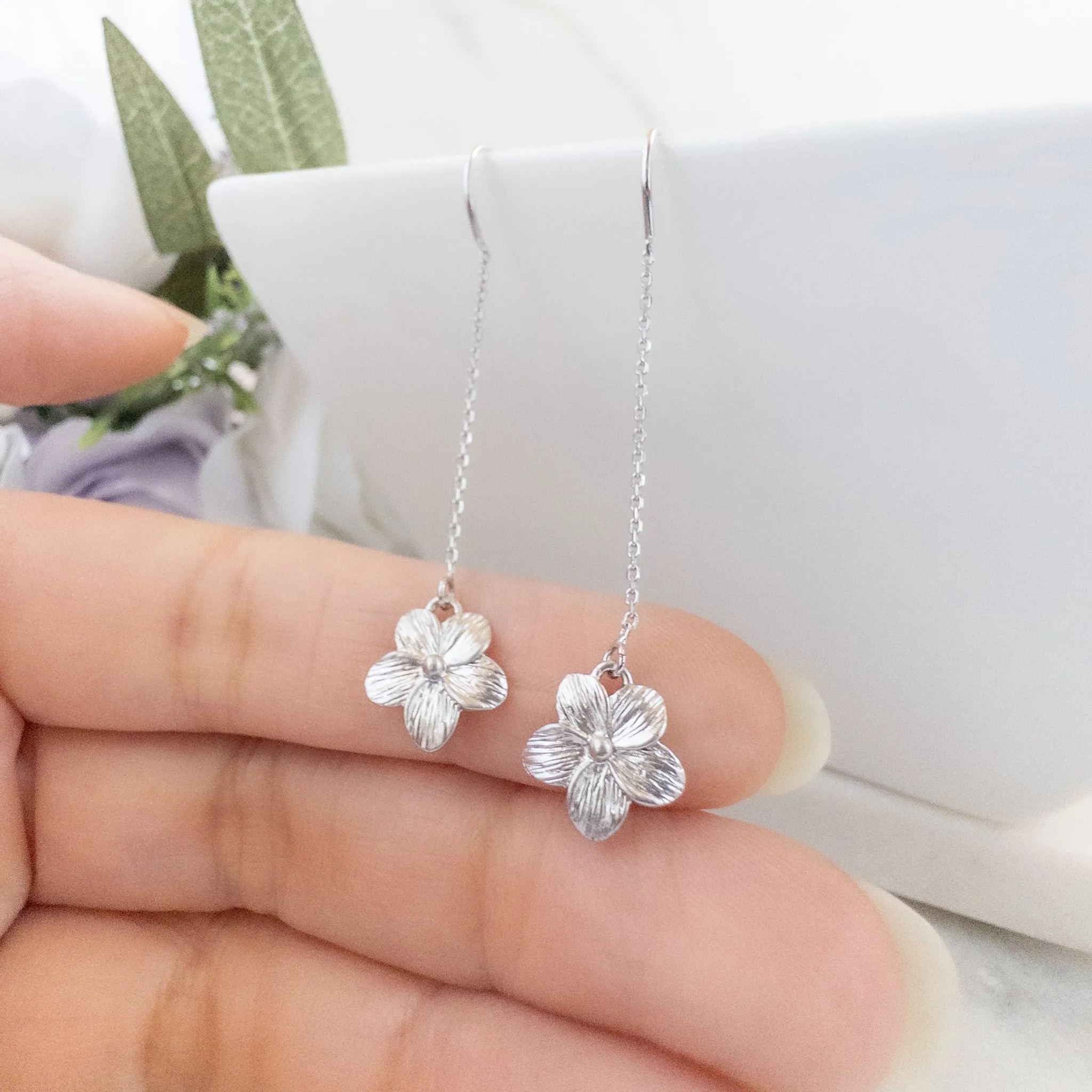 Plumeria Threader Earrings - Silver