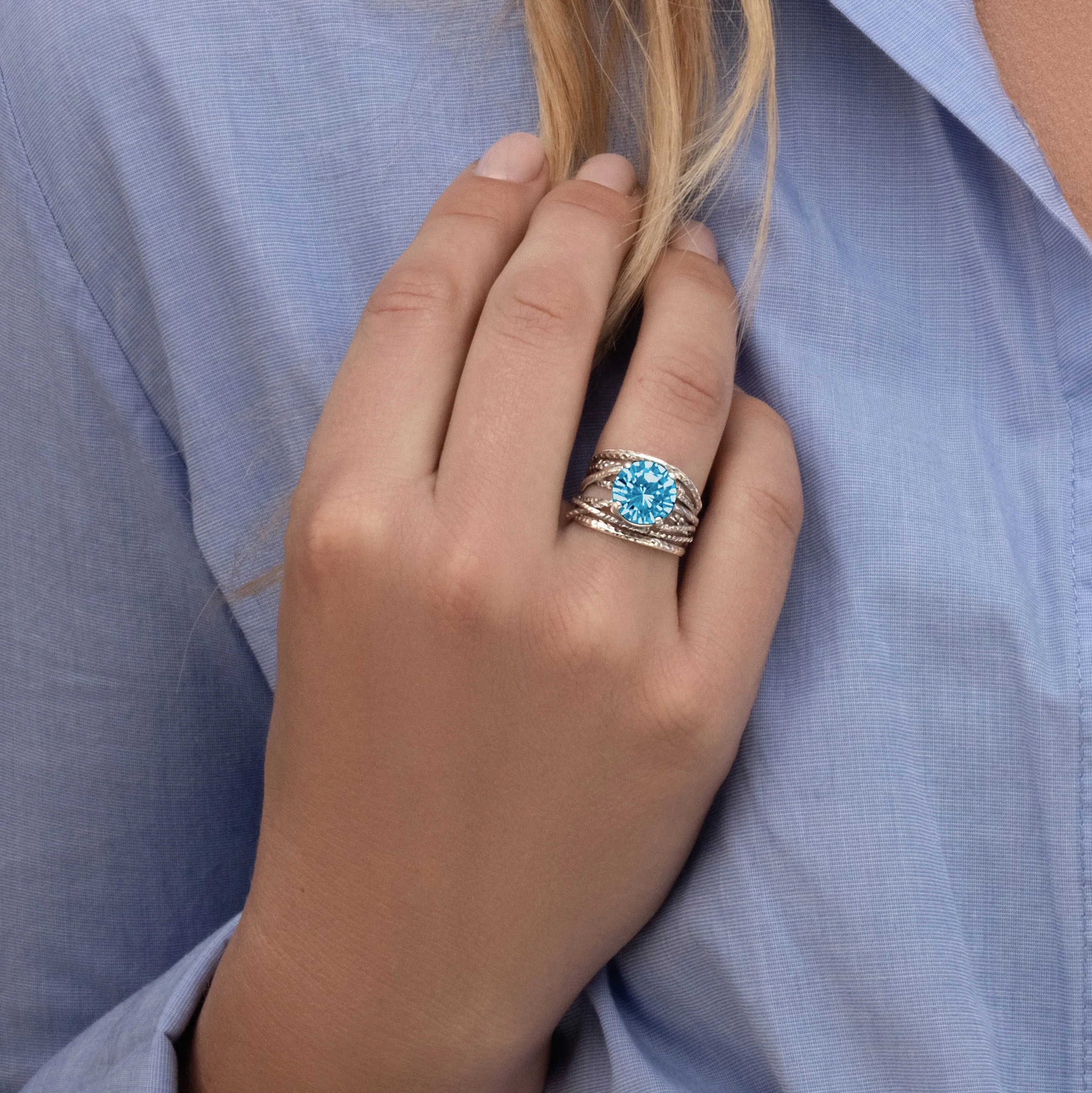 Sterling Silver Aquamarine CZ Wrap Ring