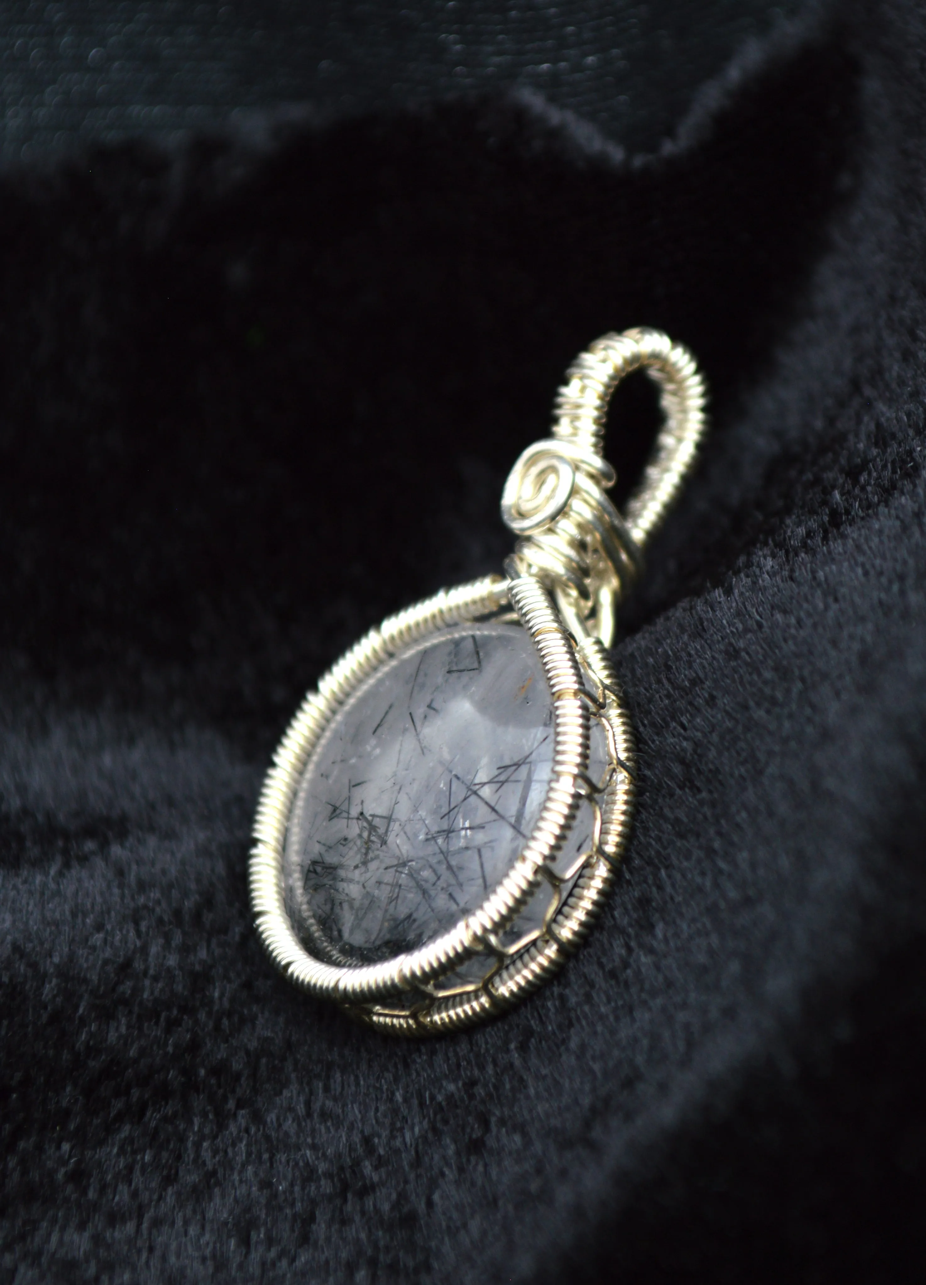 Sterling Silver Wire Wrapped Rutilated Quartz Pendant, Small Round Black Rutilated Quartz Necklace