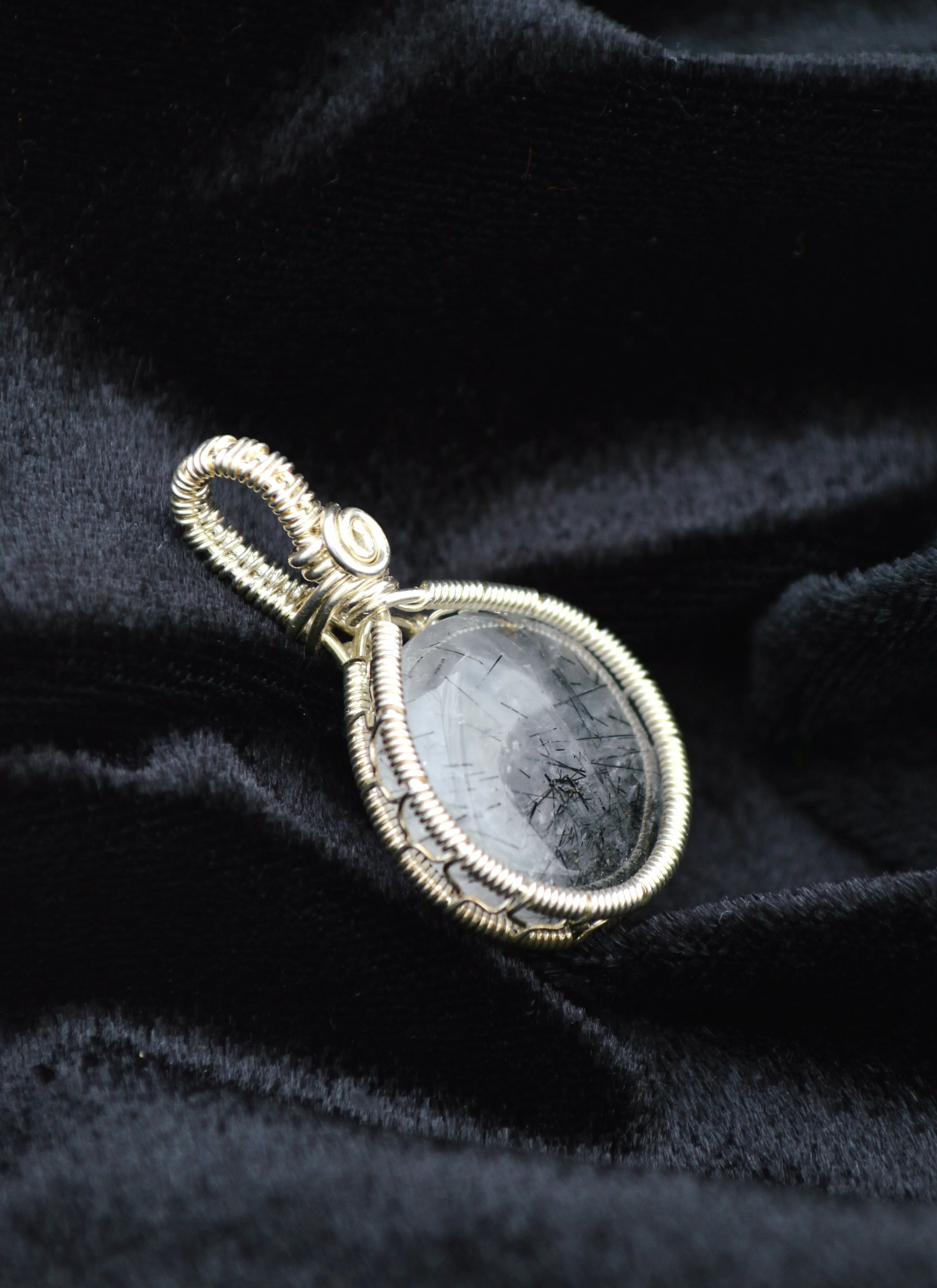 Sterling Silver Wire Wrapped Rutilated Quartz Pendant, Small Round Black Rutilated Quartz Necklace