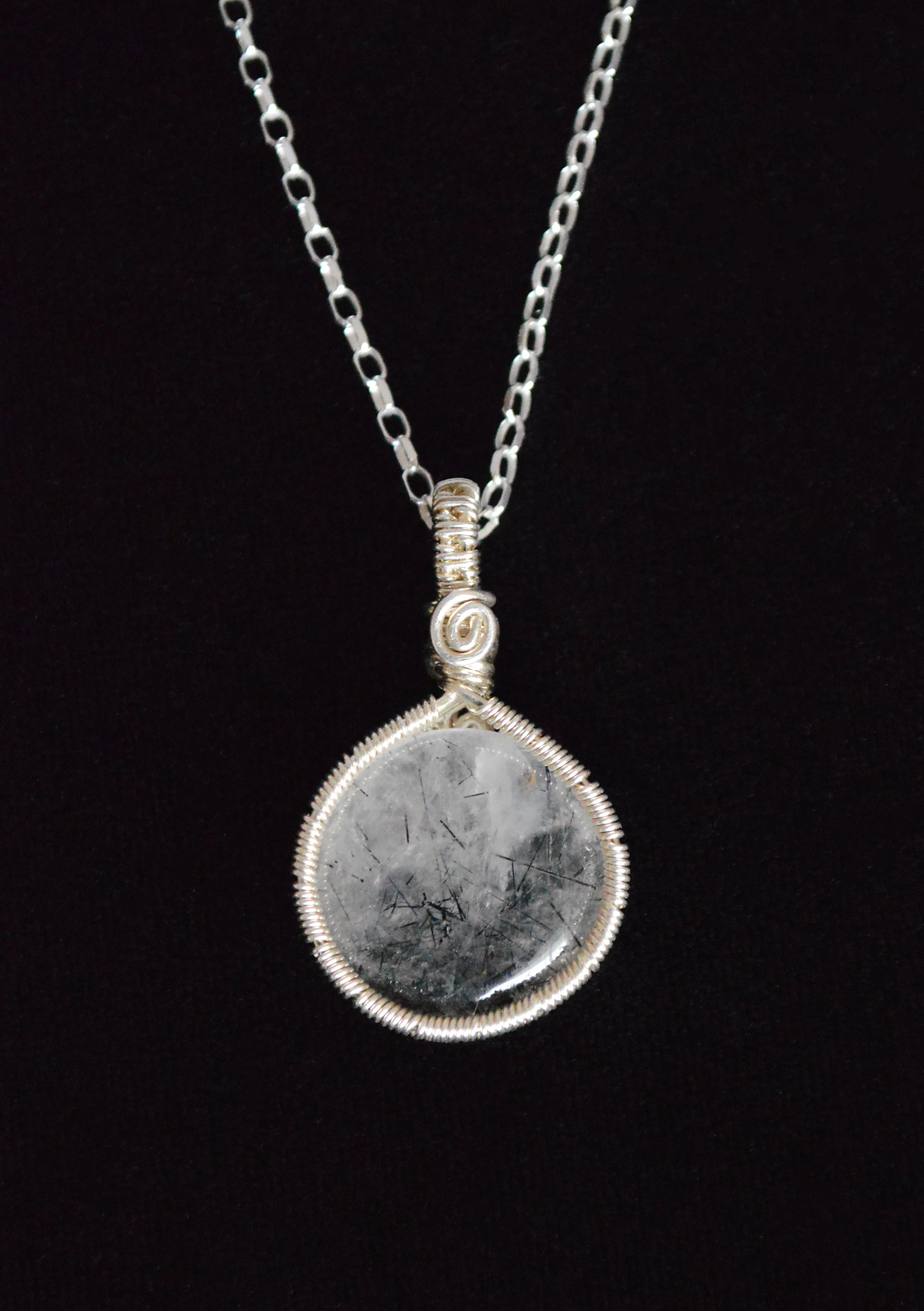 Sterling Silver Wire Wrapped Rutilated Quartz Pendant, Small Round Black Rutilated Quartz Necklace