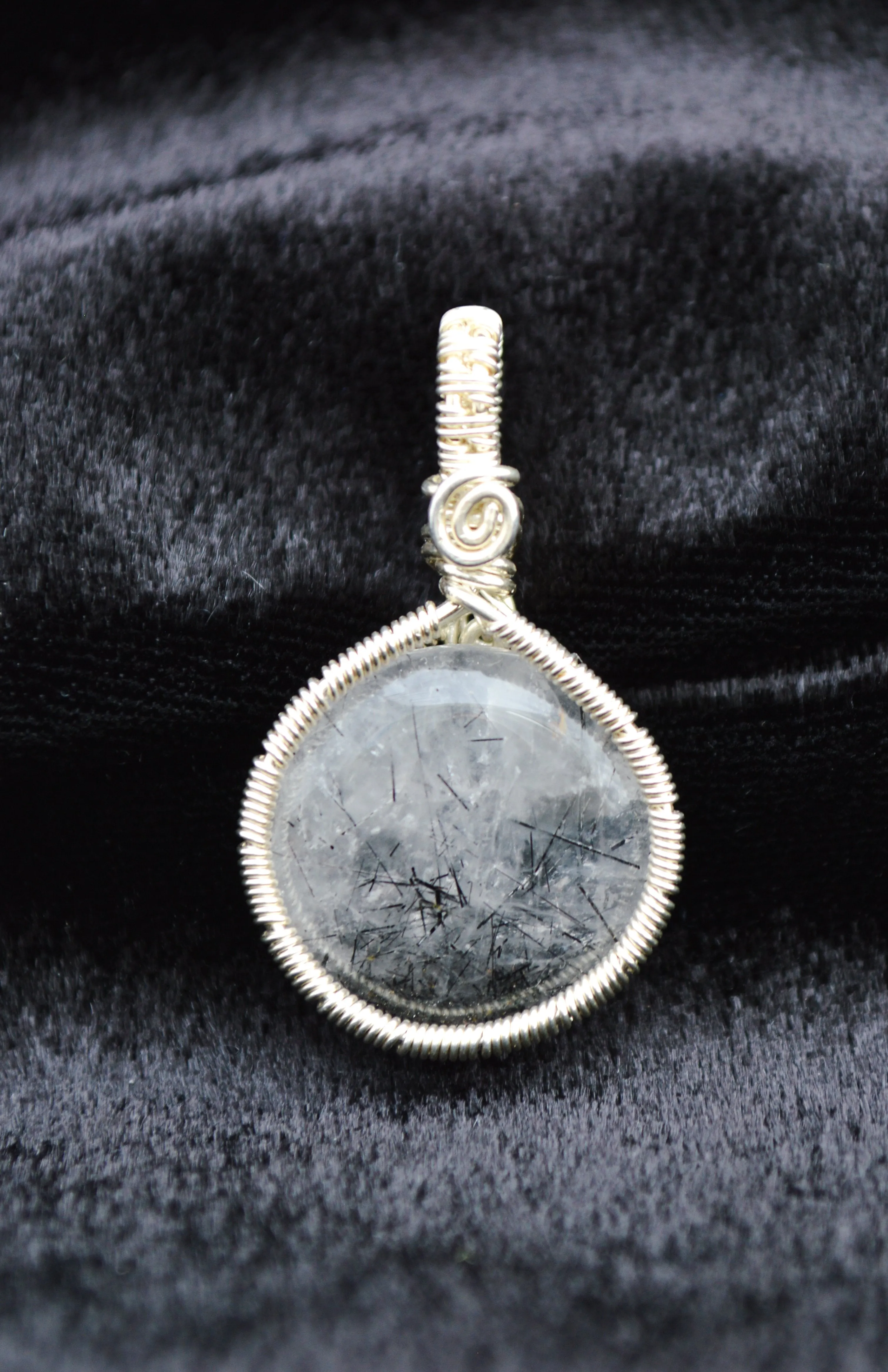 Sterling Silver Wire Wrapped Rutilated Quartz Pendant, Small Round Black Rutilated Quartz Necklace