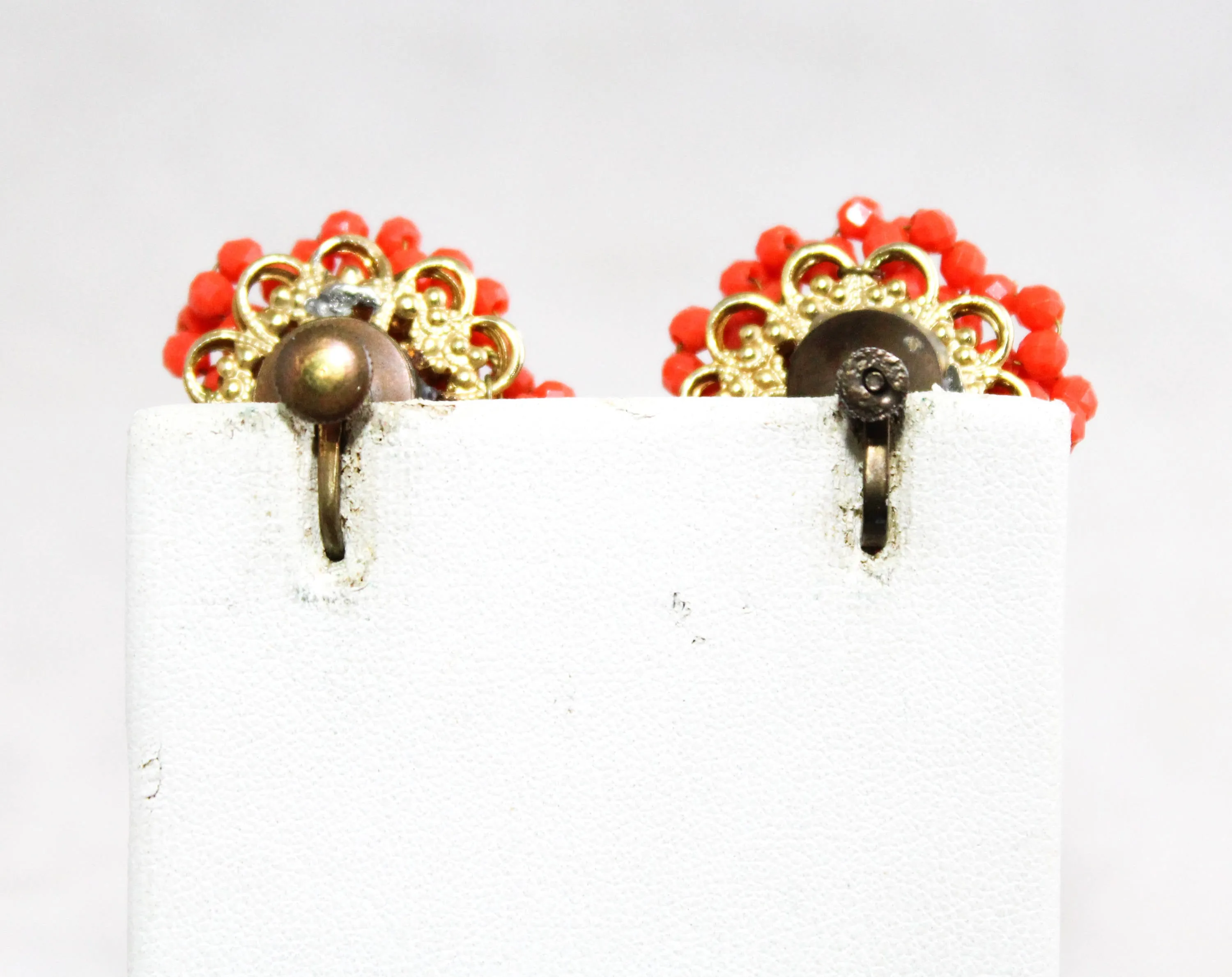 Vendome Brooch & Earrings - Orange 1960s Beaded Flowers - Tangy Summer Colors - Designer 60s Demi Parure - Hand Wired Beads - 50593